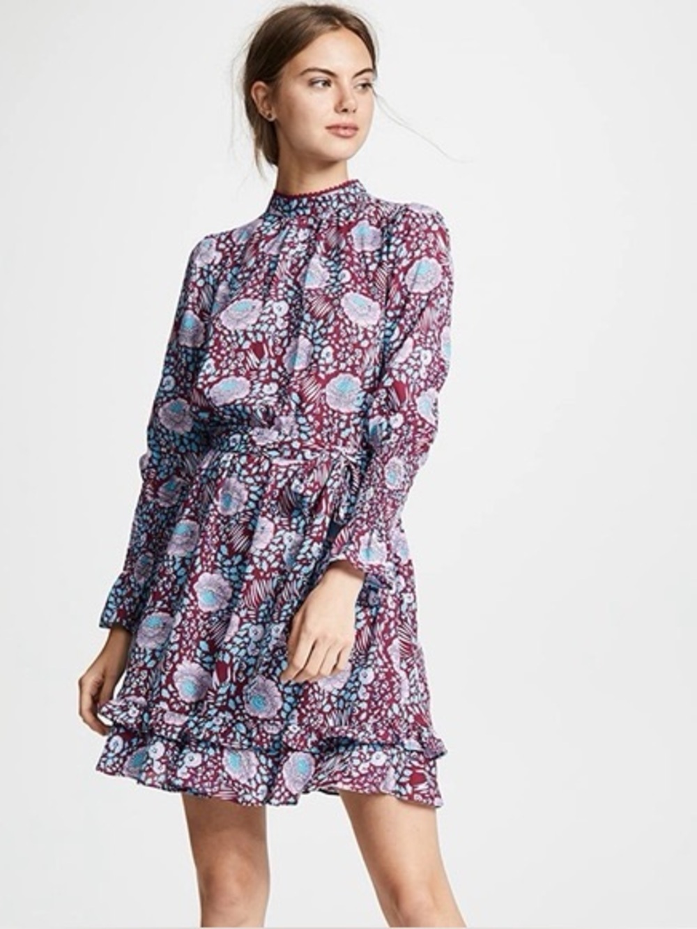 Rebecca Minkoff Belinda Floral Dress Size Small Print Long-Sleeve Burgundy